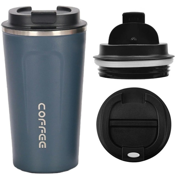 Cana termica cu rol de pastrarea temperaturii optime pentru bauturi, Tecos, otel inoxidabil si plastic solid, capacitate 510 ml, albastru