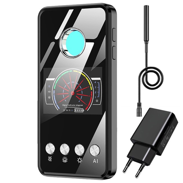 Detector Camere Ascunse cu AI, Aparat Detectat Microfoane Spion, Localizator GPS Tracker T2i, Profesional, Detectie Laser, Raza 15m, 1MHz-8GHz, Baterie 2000mAh, Autonomie 48 ore, Alarma Automata, Mod Mute cu Vibratii, Display Ingenios, Incarcator Inclus