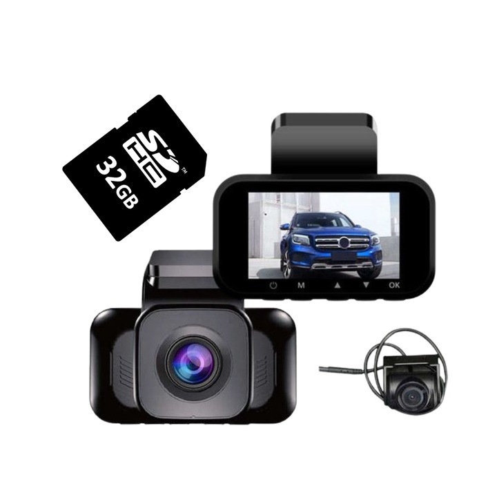 Автомобилна камера Innoventus® 4K, 2K, Full HD 1080P видеозапис, 170 градусов обектив, 3 инчов LCD екран, нощно виждане, G сензор, камера за заден ход 120 градусов ъгъл 1080P, държач за телефон, освежител за въздух за кола и включена Micro SD карта 32GB