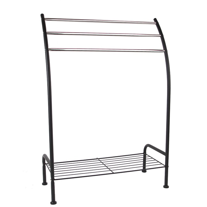 Suport pentru prosoape, otel inoxidabil, 3 bare si 1 polita, 57 x 25 x 83 cm, negru
