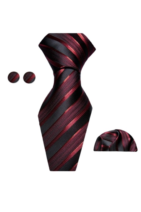 Set Cravata, Batista si Butoni, Culoare Rosu, 150 x 8.5 cm, Model Dungi, 100% Matase