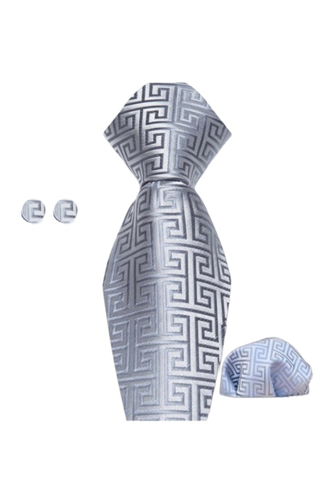 Set Cravata, Batista si Butoni, Culoare Argintiu, 146 x 8 cm, Model Geometric