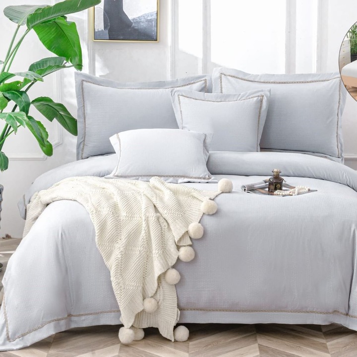 Set lenjerie de pat dublu, bumbac satinat, 180 x 200 cm, 6 piese, cu elastic, uni, Casa de Vis, CM-05