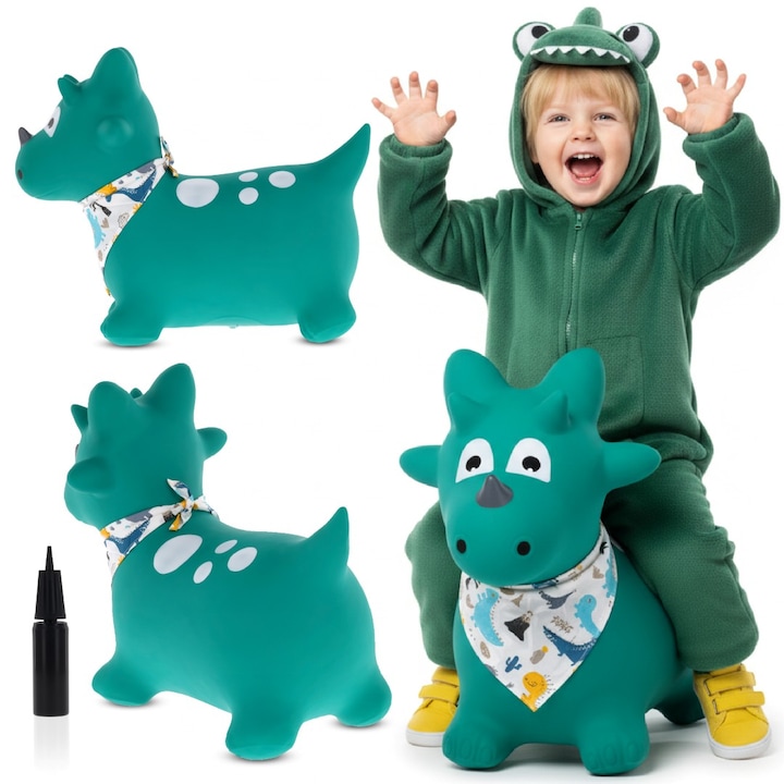 Jumper de cauciuc, Sun Baby, dinozaur cu bandana, pentru copii, cu pompa pentru umflare, 12 luni +, 48x26x59 cm, Verde