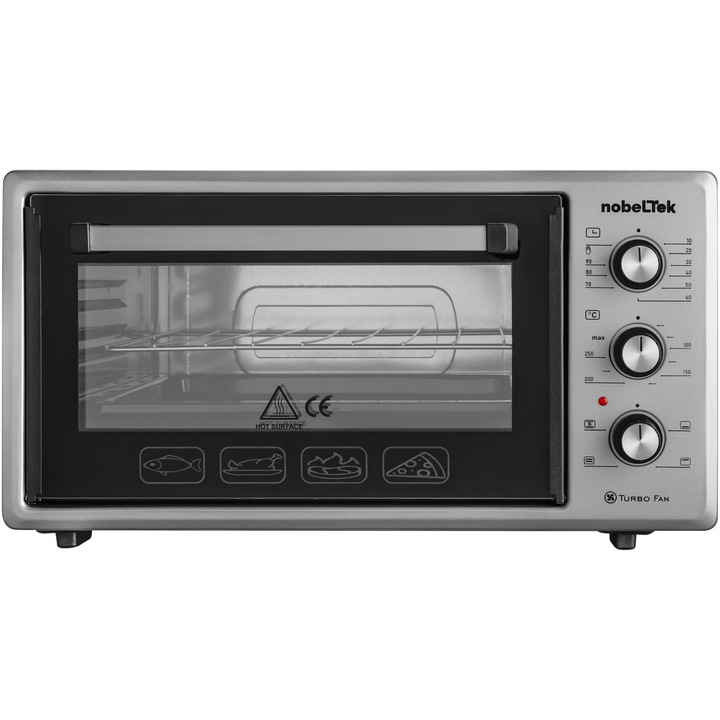 Cuptor electric NobeLTek NLT FSO48X, 48L, 1600W, grill, timer, termostat, sticla dubla, ventilator, iluminare, gri inox