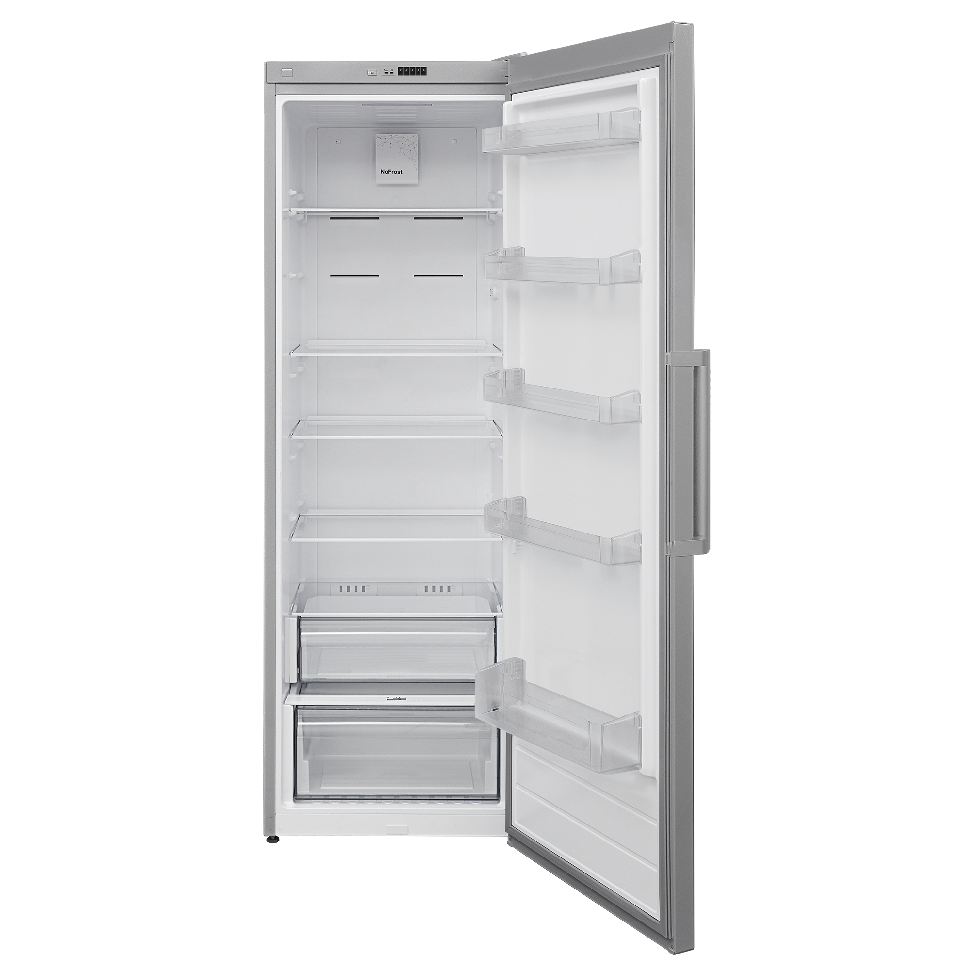 Frigider cu o usa Heinner HF-V401NFSE++, 389 l, No Frost, Clasa E, Control electronic, Lumina led, H 186 cm, Argintiu.