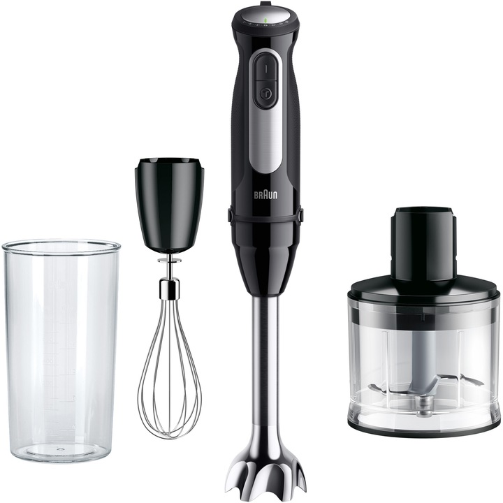 Пасатор Braun MQ55236M, 1000 W, 25 степени на скорост, Turbo функция, Чопър 500 мл, Градуиран съд 600 мл, Бъркалка, Черен/Неръждаема стомана