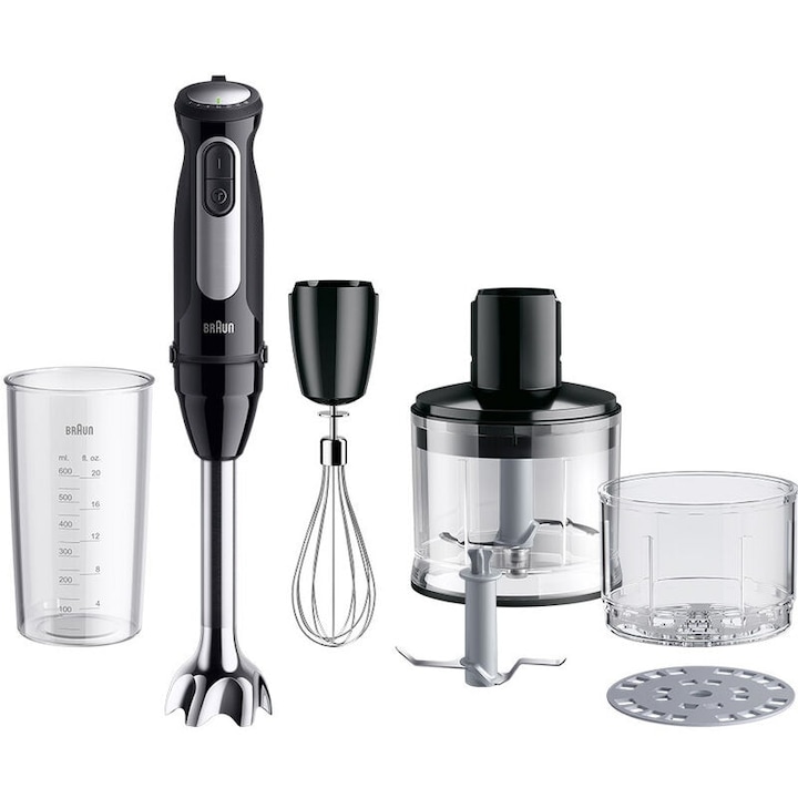 Пасатор Braun MQ55254M, 1000 W, 25 степени на скорост, Turbo функция, Чопър SizeControl 500 мл, Градуиран съд 600 мл, Бъркалка, Черен/Неръждаема стомана