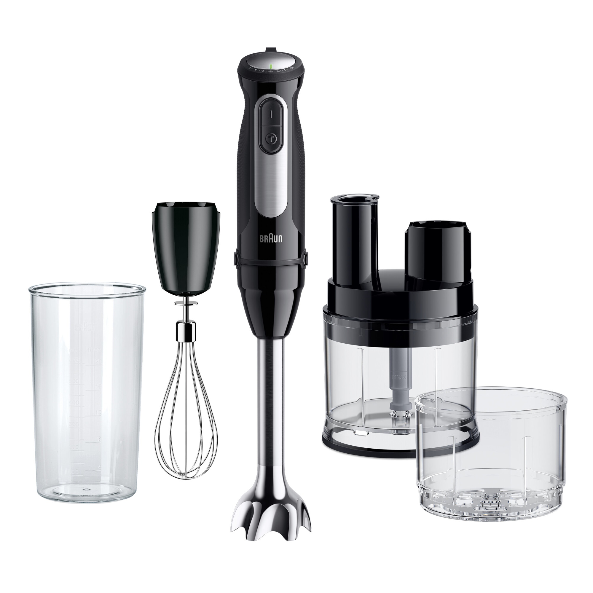 Mixer vertical Braun MQ55755M, 1000 W, 25 trepte viteza, Functie Turbo, Tocator SizeControl 500 ml, Procesor alimente 500 ml, Pahar gradat 600 ml, Tel, Negru/Inox