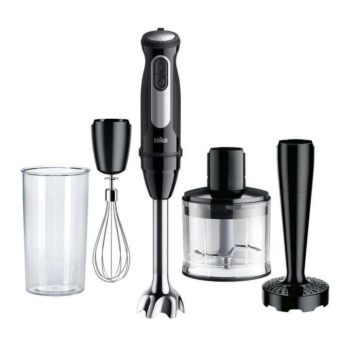 Пасатор Braun MQ55307M, 1000 W, 25 степени на скорост, Turbo функция, Чопър 500 мл, Аксесоар за пюре, Градуиран съд 600 мл, Бъркалка, Черен/Неръждаема стомана