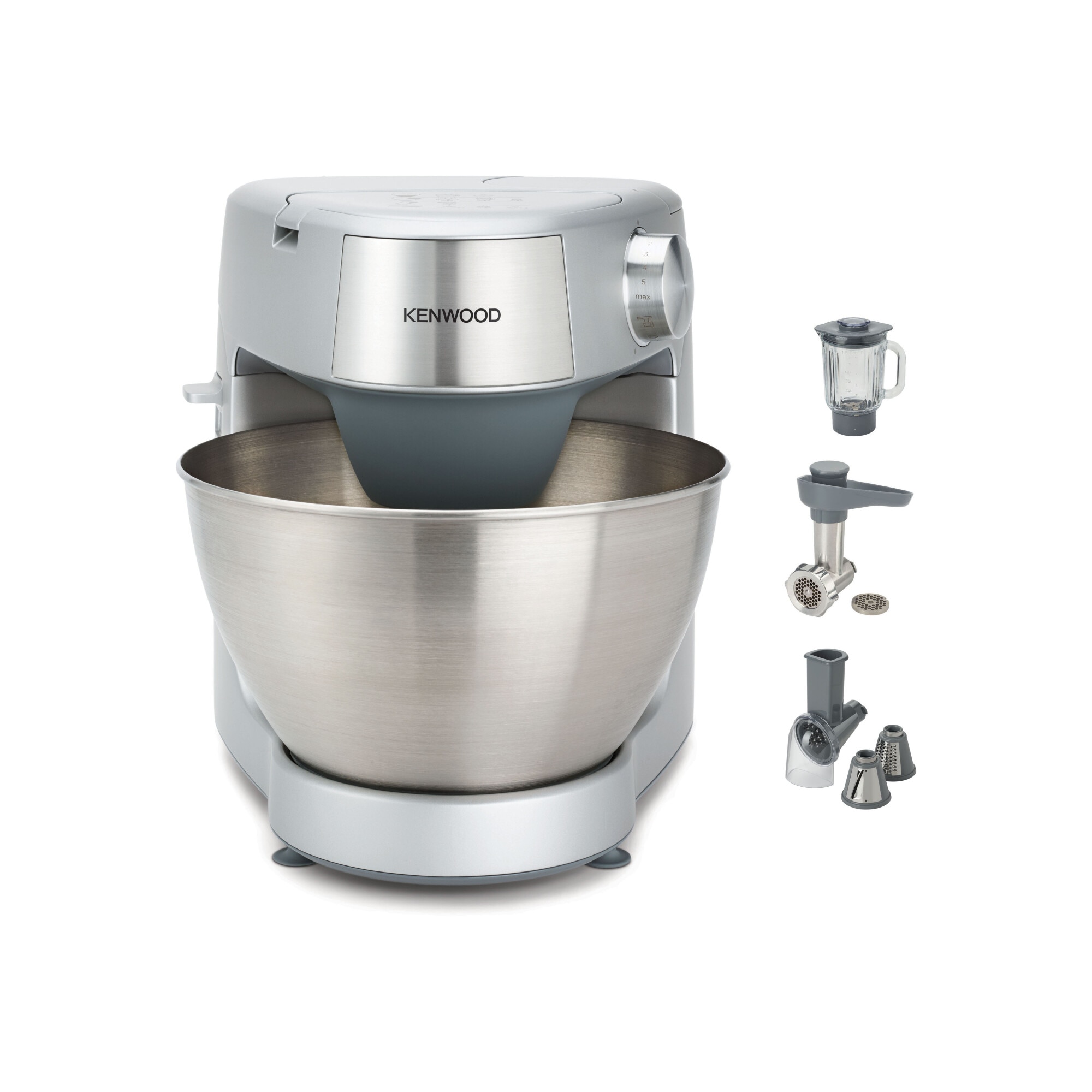 Robot de bucatarie KENWOOD Prospero+ KHC29A.M0SI, 1000 W, vas 4.3l, blender sticla 1.2l, masina de tocat, feliator cu 3 conuri, 3 accesorii patiserie, 6 trepte viteza, argintiu
