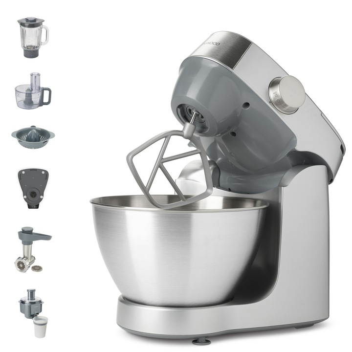 Кухненски робот KENWOOD Prospero+ KHC29A.R0SI, 1000 W, Вградена везна, Купа 4.3 л, Стъклен блендер 1.2 л, Месомелачка, Кухненски робот 1.4 л, Сокоизстисквачка, Цитрус преса, 3 аксесоара за сладкиши, 6 степени на скорост, Сребрист