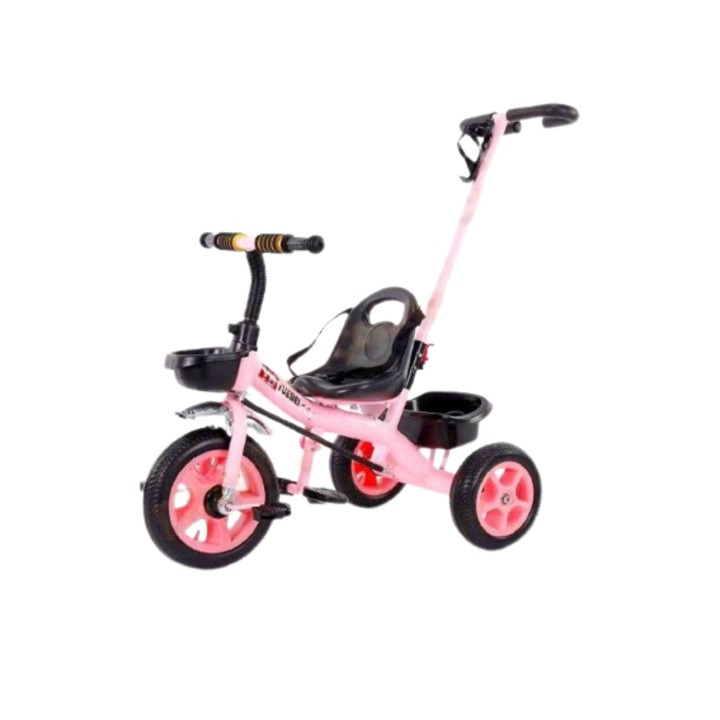Триколка с педали за деца 2-5 години, Родителска дръжка, Предпазни колани, Розов