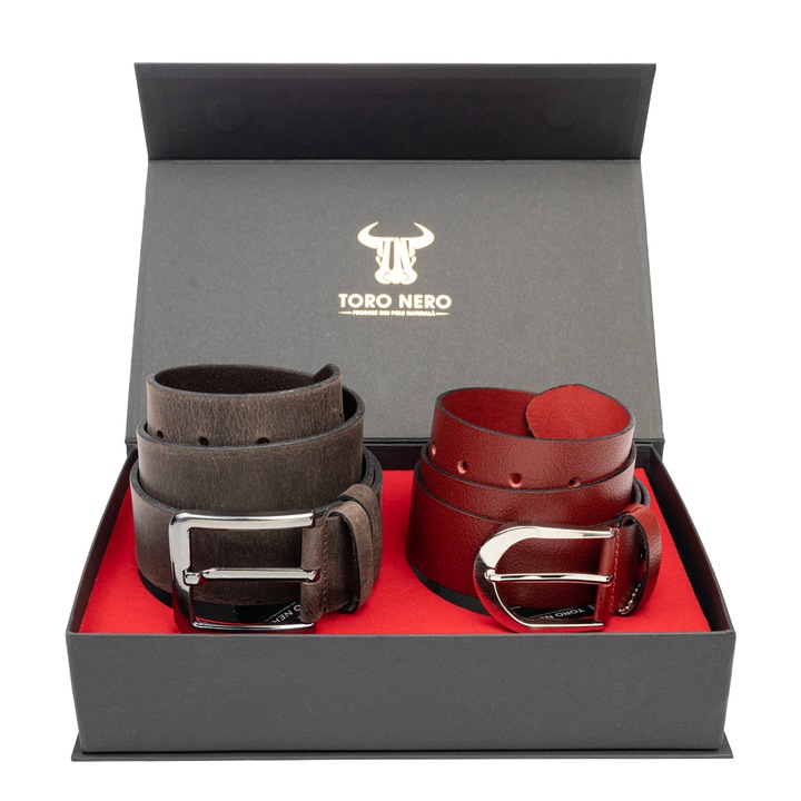 Set curea dama si curea barbati, piele naturala, maro-rosu, Thick Industrial