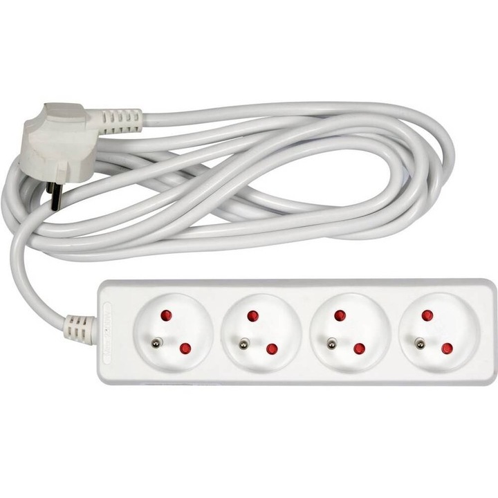 Електрически удължител със заземяване, Vorel, 4 гнезда, 3 м, Бял, Пластмаса