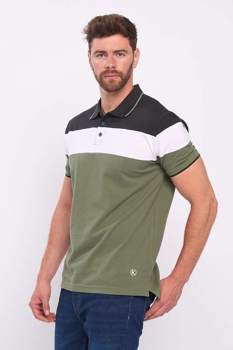 KVL by KENVELO, Tricou polo cu aspect pique, Alb/Negru stins/Kaki