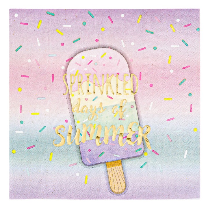 Set 12 servetele de masa Shopiens® cu doua straturi de 33 x 33 cm, colorate in culori pastelate, cu model inghetata