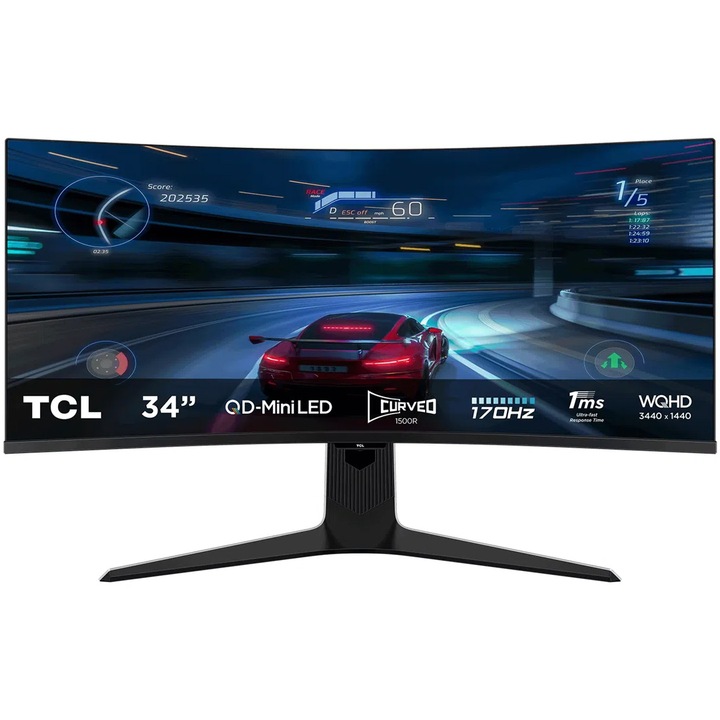 TCL 34R83Q QD Mini-LED ívelt 34" Gaming monitor, UWQHD (3440x1440), 170Hz, 1ms, AMD FreeSync™ Premium, NVIDIA G-Sync™, HDR 1600, 1400 nit, Környezeti fény, Hangszórók, USB Type-C USB, 2x HDMI, Display Port, Jack, Pivot, Fehér