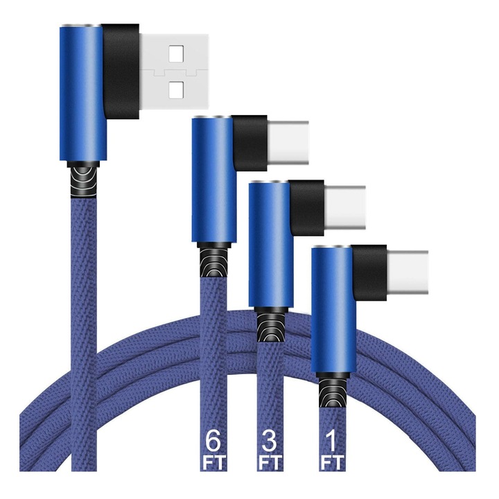 Set de 3 cabluri de Date si Incarcare Rapida UNIDOPRO, USB la Type-C, unghi 90 grade, 1m, Compatibil iPhone 15/15 Pro, Samsung, Huawei, Albastru