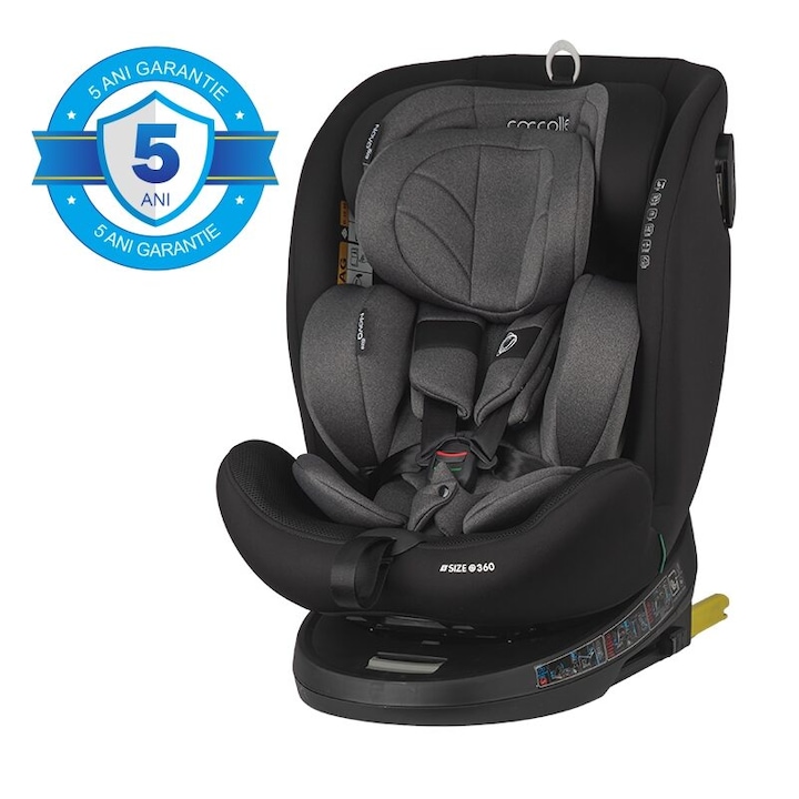 Scaun auto rotativ cu Isofix Coccolle Nova iSize, 40-150 cm, 0-12 ani, omologat R129, Top Tether, Insert nou nascut, Tetiera reglabila, Protectie impact lateral, Pozitie de somn, Diamond Black