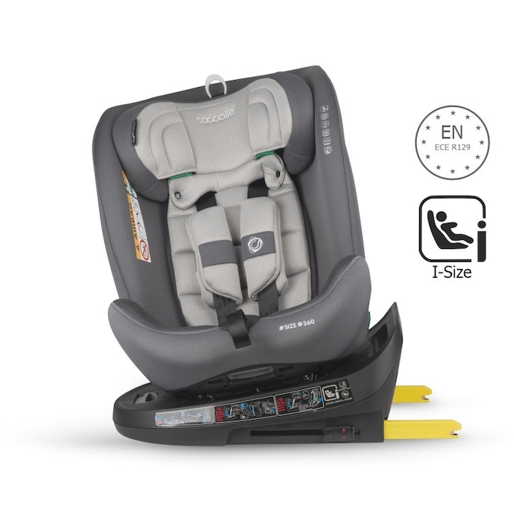Scaun auto rotativ cu Isofix Coccolle Nova iSize, 40-150 cm, 0-12 ani, omologat R129, Top Tether, Insert nou nascut, Tetiera reglabila, Protectie impact lateral, Pozitie de somn, Moonlit Grey