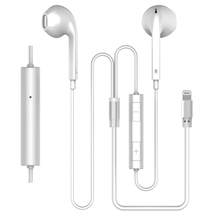 In-Ear Fejhallgató Vezetékes Mikrofonnal SeveShop, Lightning Csatlakozó, Kiváló Hangminőség, Zajszűrés, Kényelmes és Ergonomikus Kialakítás, Kompatibilis iPhone és iPad Készülékekkel, Tartós és Hosszú Élettartam, Fehér