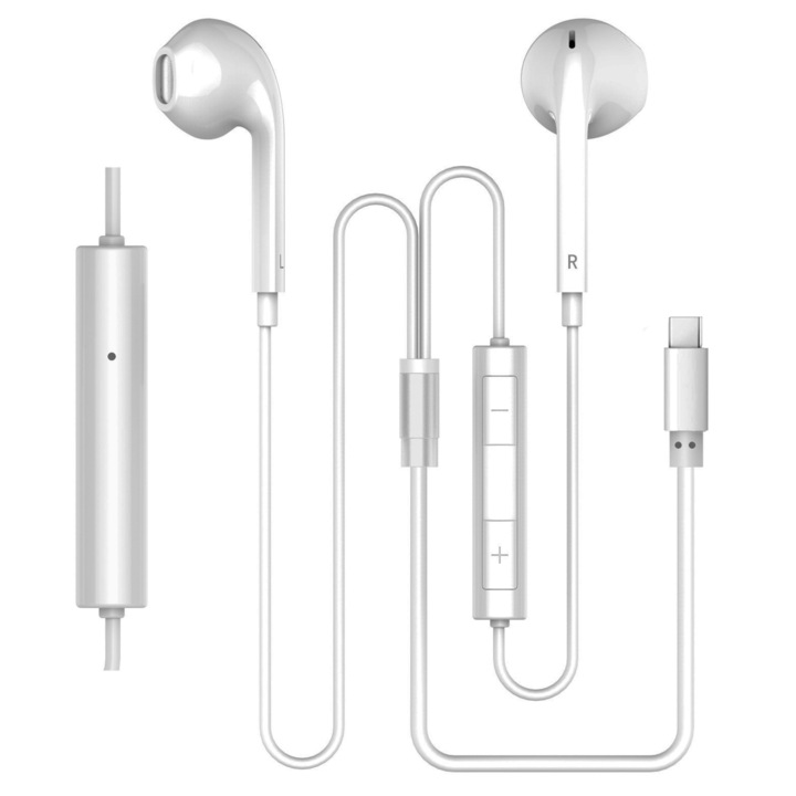 Casti In-Ear SeveShop, cu fir, cu microfon, USB-C – albe