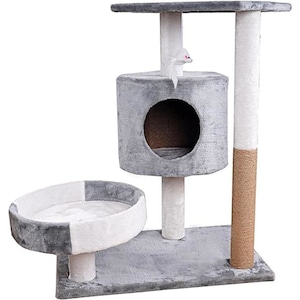 Set de jucarii pentru pisici cu bila suspendata, stalp din fibra de sisal rezistent la zgarieturi, structura foarte stabila si atractiva, 2 platforme de vizualizare, o casa, gri, 52x33x55 cm
