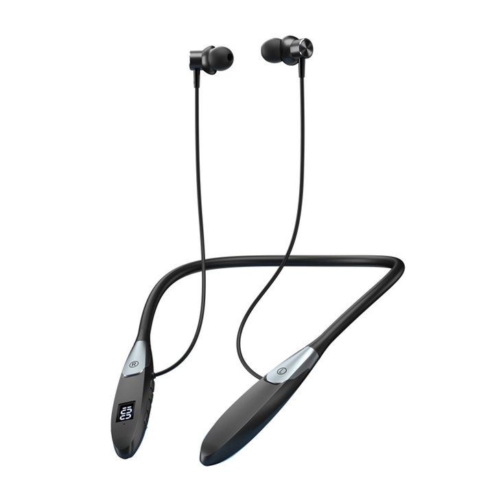 Спортни слушалки с лента за врата, Zggzerg, Bluetooth 5.3, IPX4 водоустойчиви, Вграден микрофон с шумопотискане, Бързо сдвояване, Автономия 40 часа, С LED дисплей, За игри, бягане, пътуване, Черни