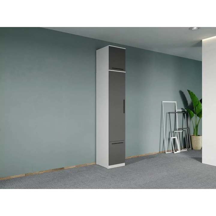 Dulap dormitor, Madrid, Alb cu Gri, 1U, Suprapozabil, Pal Melaminat