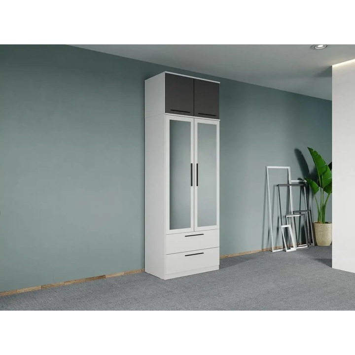 Dulap dormitor, Madrid, Alb cu Gri, 2U, Oglinda, Suprapozabil, Pal Melaminat