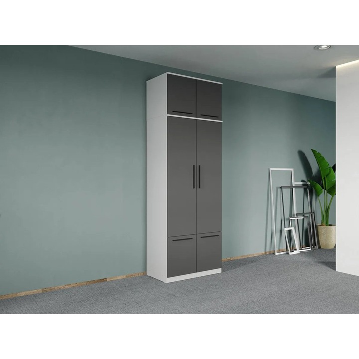 Dulap dormitor, Madrid, Alb cu Gri, 2U, Suprapozabil, Pal Melaminat