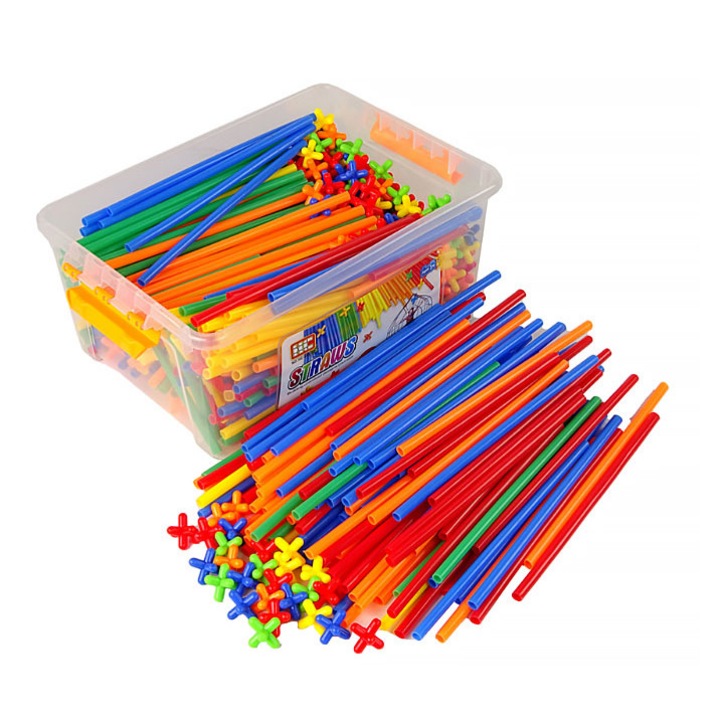 Set de Constructie Cu Tuburi Subtiri si Elemente de Imbinare, 800 piese, Cutie de Depozitare, Multicolor, + 3 Ani