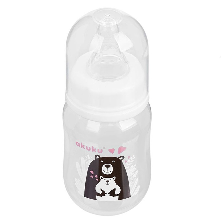 Biberon din polipropilena cu tetina din silicon 125 ml Akuku Feeding Bottle 0-3 luni EN14350-1, Alb 0-3 luni