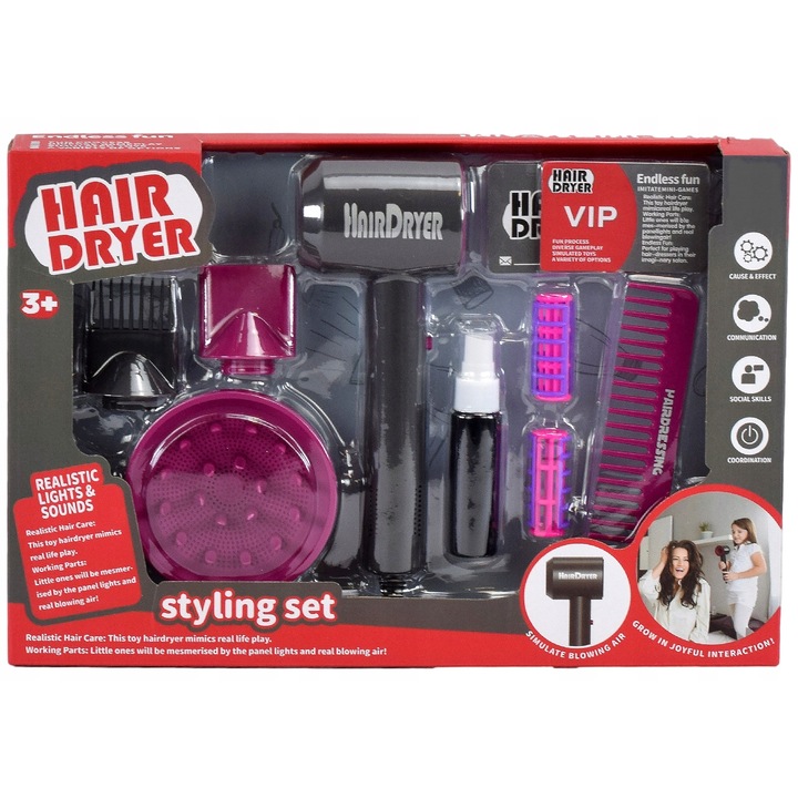 Set de coafura, din plastic, Pentru coafat, Salon de infrumusetare, Pentru copii, Functioneaza cu baterii, gri/violet