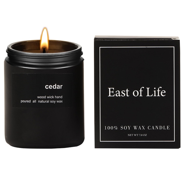 Lumanare parfumata din soia cu fitil lemn, SINBINTA, Cedru, Handmade, Timp de ardere de pana la 50 ore, Pentru ziua de nastere/Ziua Indragostitilor/Craciun, 7x9cm, 200g, Negru