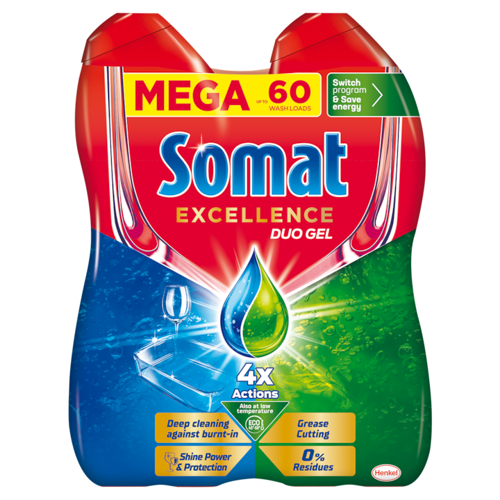 Течен препарат за съдомиялна машина Somat Excellence Duo Gel, 60 измивания