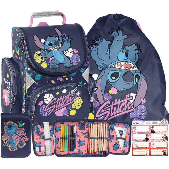 Set ghiozdan scoala, penar, sac pentru pantofi, stickere Lilo & Stitch