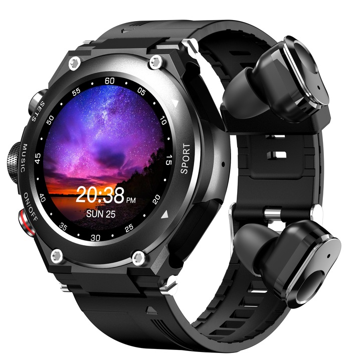 Ceas Smartwatch, Bluetooth Call, Casti Bluetooth TWS 2 in 1, Contor Altitudine, Monitorizare Pasii, Ritm Cardiac, Somn, Fitnes, Stare de Spirit, Rezerva putere, Cronograf, Mesaje Push, Termperatura Corpului, Black