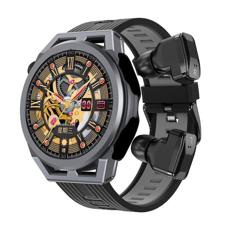 Смарт часовник, NFC, Bluetooth повикване, 2 в 1 TWS Bluetooth слушалки, надморска височина, наблюдение на съня, стъпки, пулс, фитнес, настроение, резерв на енергия, хронограф, Push съобщения, черен