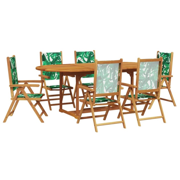 Set mobilier de gradina vidaXL, 7 piese, textil model frunze/lemn masiv, 39.6 Kg, 1 x Masa de gradina, 6 x Scaun de gradina