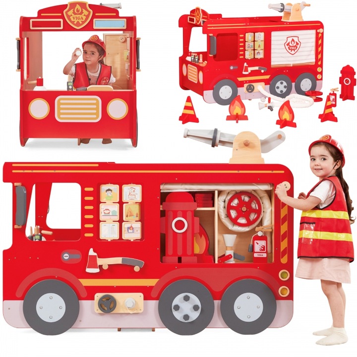 Camion de Pompieri din Lemn, Viga Toys, Plac de Joaca Montessori, Multifunctional, Multicolor