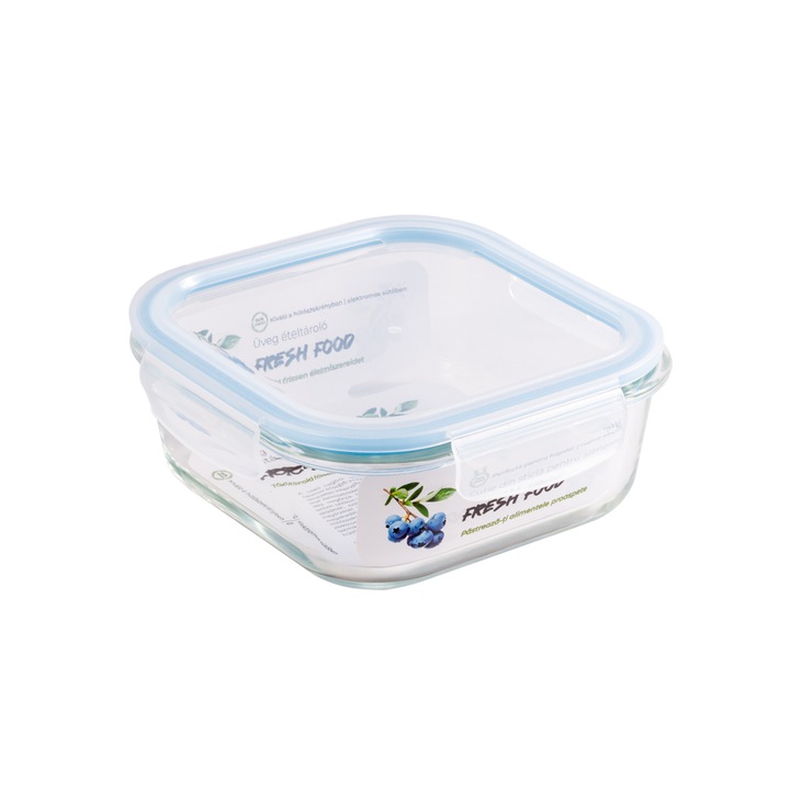 Cutie din sticla termorezistenta pentru alimente, capac din plastic, patrata, Plastor Trading, 1,2 l, Fresh Food