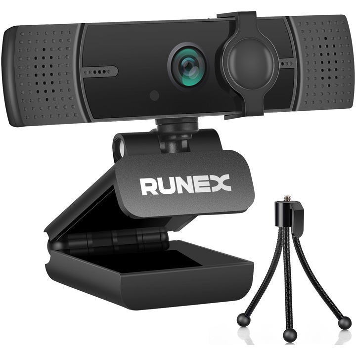 Camera Web RUNEX®, Model S700 PRO Webcam 1440p 30fps, 5MP, Auto-Focus, 2K, Expunere Automata, Rotire 360 Grade, Microfon Reducere Zgomot, USB, Trepied, Capac Intimitate, Unghi Vizualizare 70°, Negru