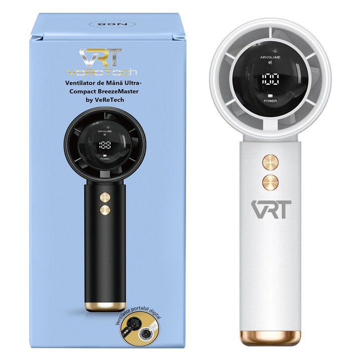 Ventilator de Mana Ultra-Compact BreezeMaster by VeReTech, Portabil, cu Ecran LCD, Puterea Turbinei, 100 Nivele de Intensitate si Display Nivel Baterie, Incarcare Rapida, cu Cablu USB Tip C Inclus, Alb