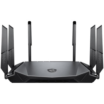 Router Gaming Wireless MSI GRAX66. AX6600, Tri-Band, Wi-Fi 6, Quad-Core 1.8GHz CPU, 256MB/512MB Flash/RAM, 2.5G port, AI QoS, OFDMA, MU-MIMO, multiple SSIDs, Beamforming, Port forwarding
