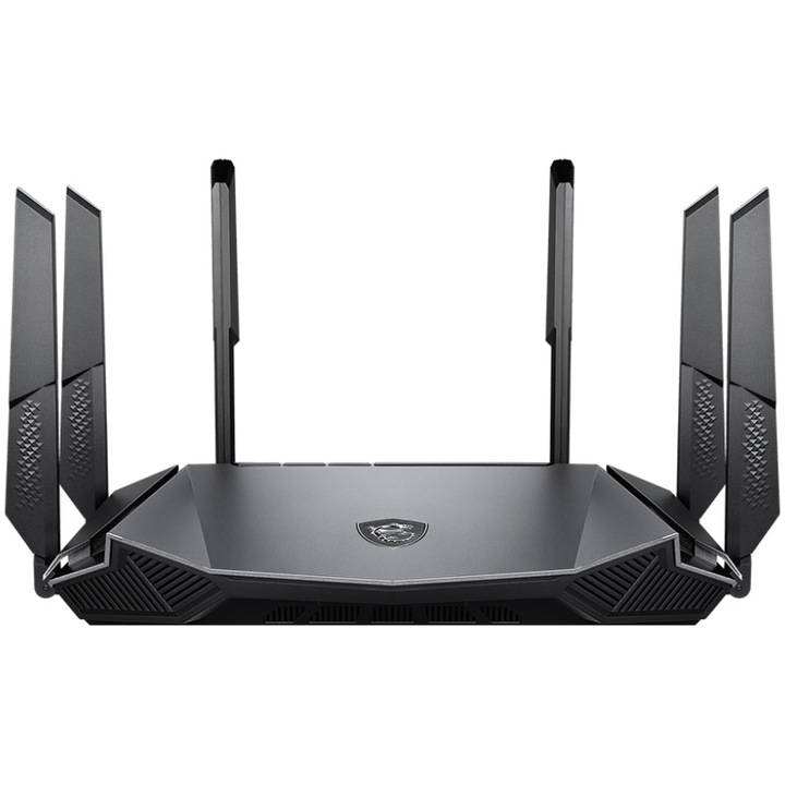 Router Gaming Wireless MSI GRAX66. AX6600, Tri-Band, Wi-Fi 6, Quad-Core 1.8GHz CPU, 256MB/512MB Flash/RAM, 2.5G port, AI QoS, OFDMA, MU-MIMO, multiple SSIDs, Beamforming, Port forwarding