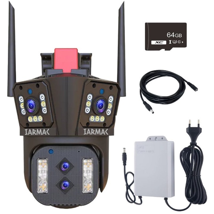 Camera de supraveghere tripla WiFi IARMAC cu Alimentare UPS, 16Mp, 10X Zoom Optic, exterior/interior, Ultra HD, rotire 360 grade, leduri lumina, comunicare bidirectionala, alarma, senzor miscare, Neagra