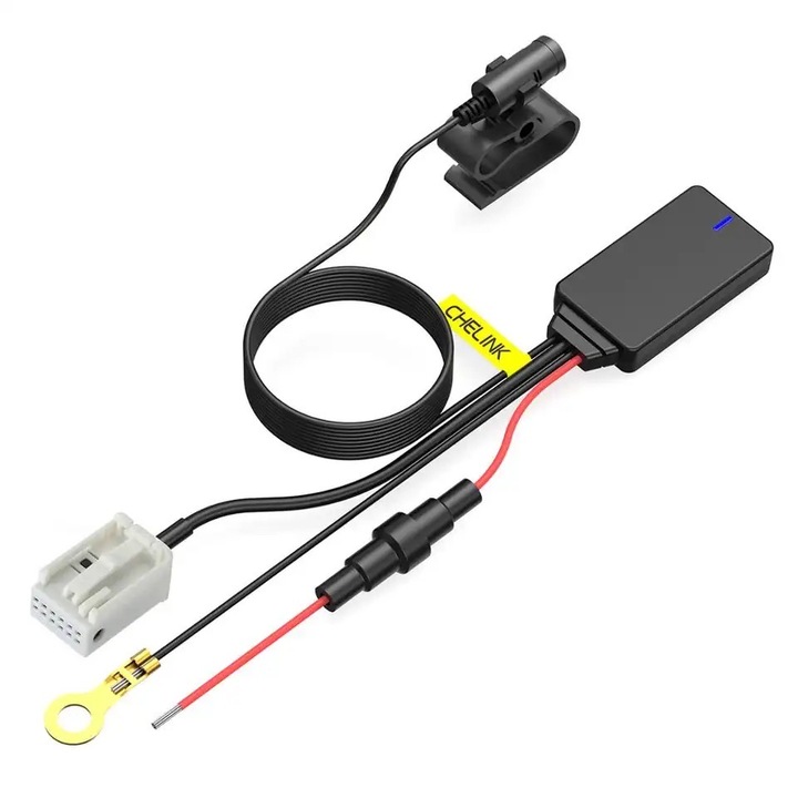 CHELINK Bluetooth 5.0 adaptermodul kihangosító mikrofonnal MP3 zenéhez, telefonáláshoz Volkswagen, Audi, Skoda, Seat, 12 tűs, 12 V DC mikrofon 5 M AUX IN