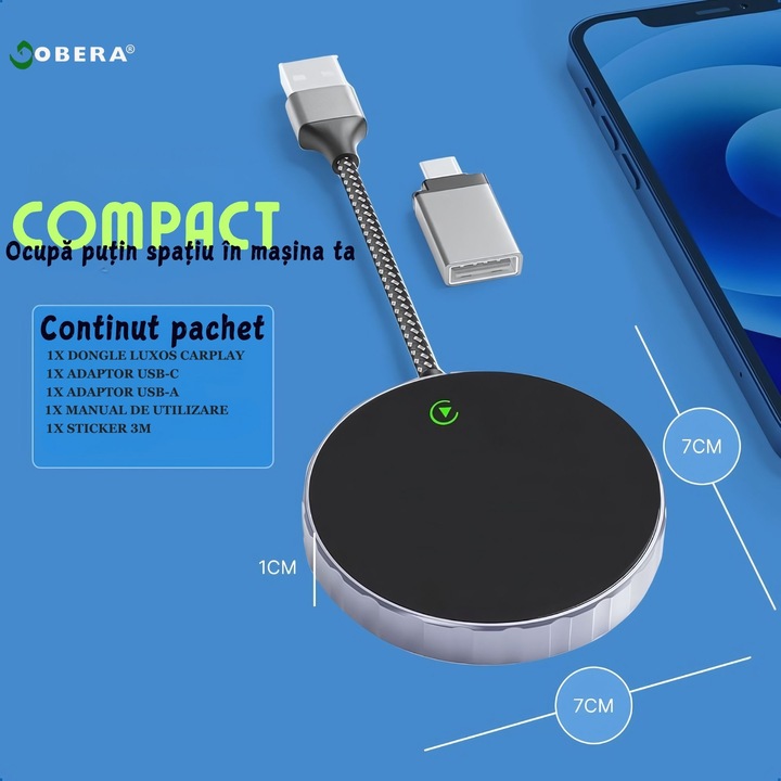 goBERA® 2 в 1 безжичен адаптер за кола, съвместим с IOS 10+ и Android 11+, Apple CarPlay и Android Auto Module, WiFi 5 Ghz, AI процесор, гласово управление, лесна конфигурация Plug and Play, USB-A/C връзка, черен